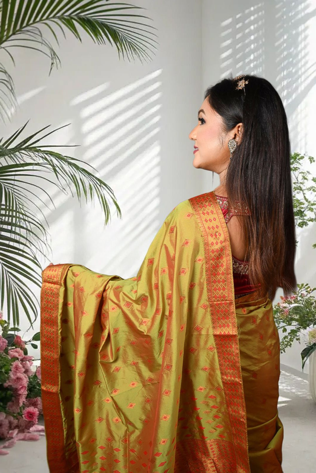 Assam Golden & Red Handmade Mix Pat Silk Mix Saree